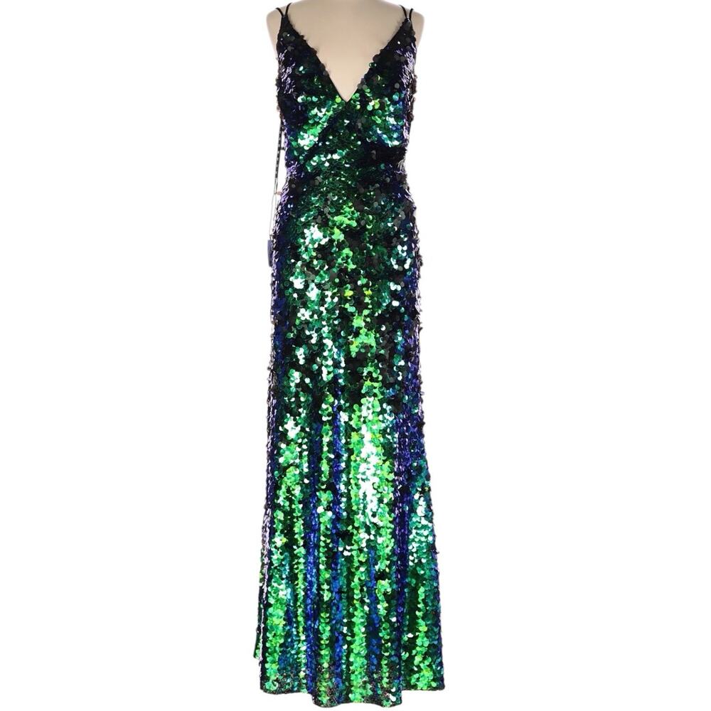 NWT Sho Tadashi Shoji Green Blue Mermaid Sequin Evening Gown Iridescent Shimmery